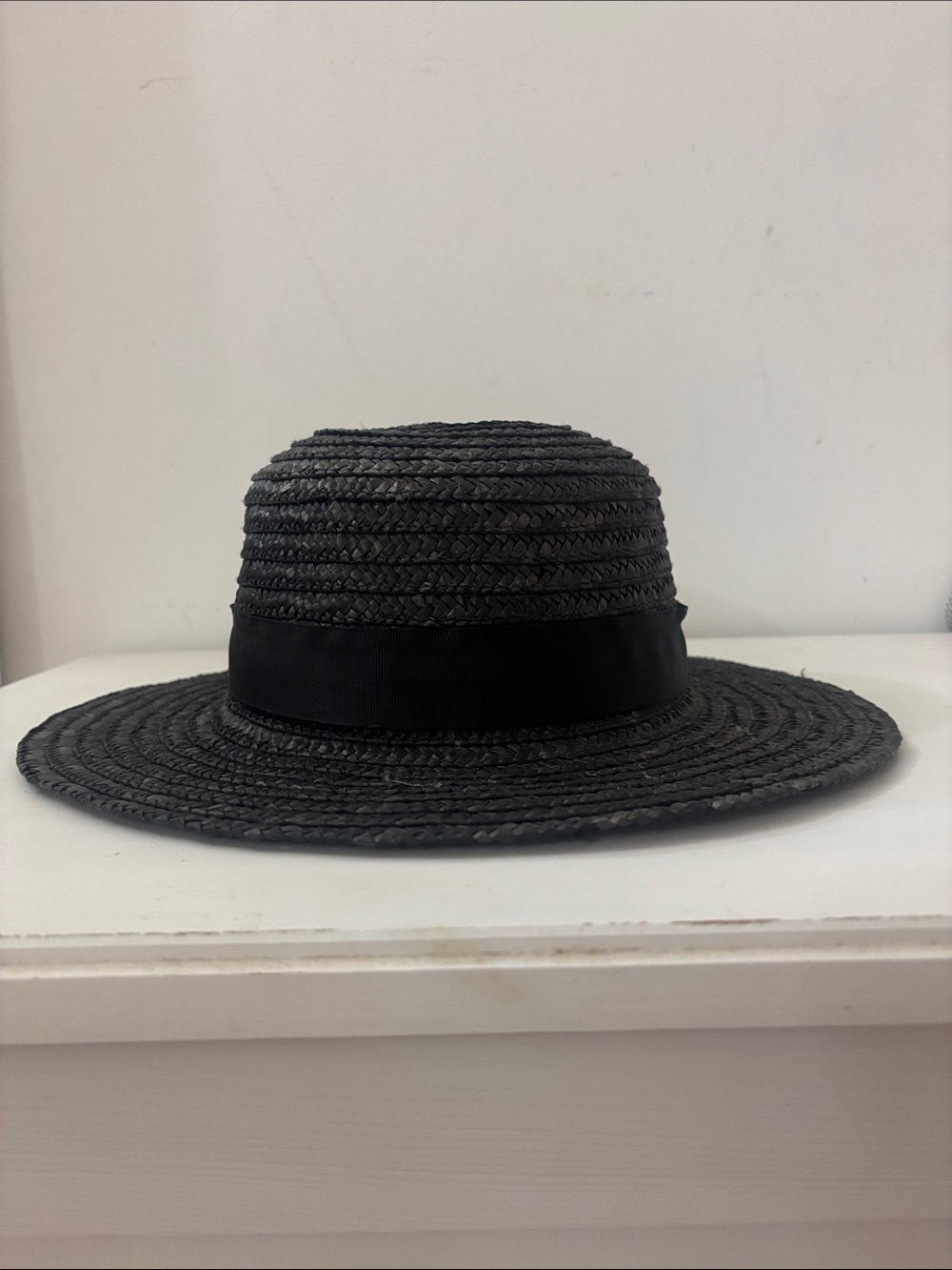 Lack of Color Black Straw Boater Hat with Ribbon Band, M